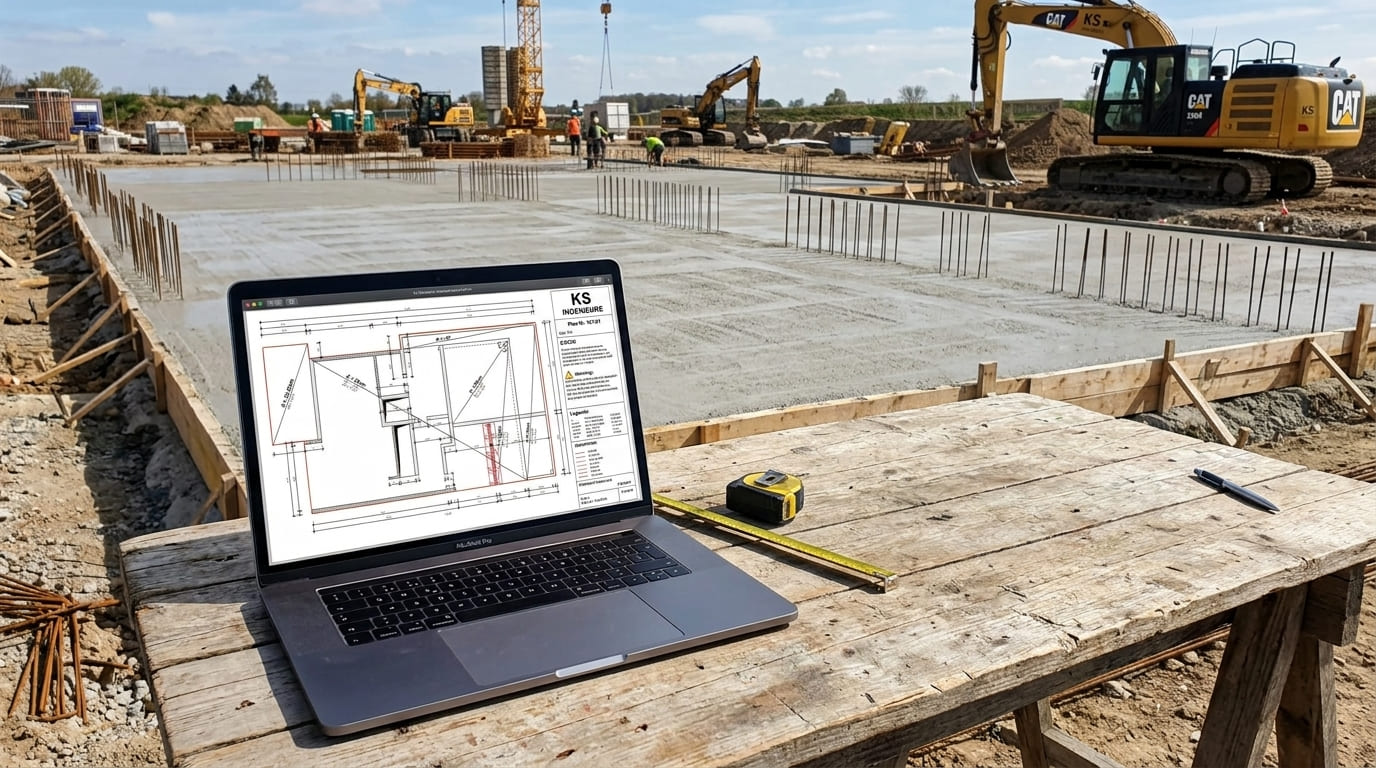 Laptop mit geöffnetem Plan auf einem Arbeitstisch vor der frisch betonierten Bodenplatte einer Baustelle.